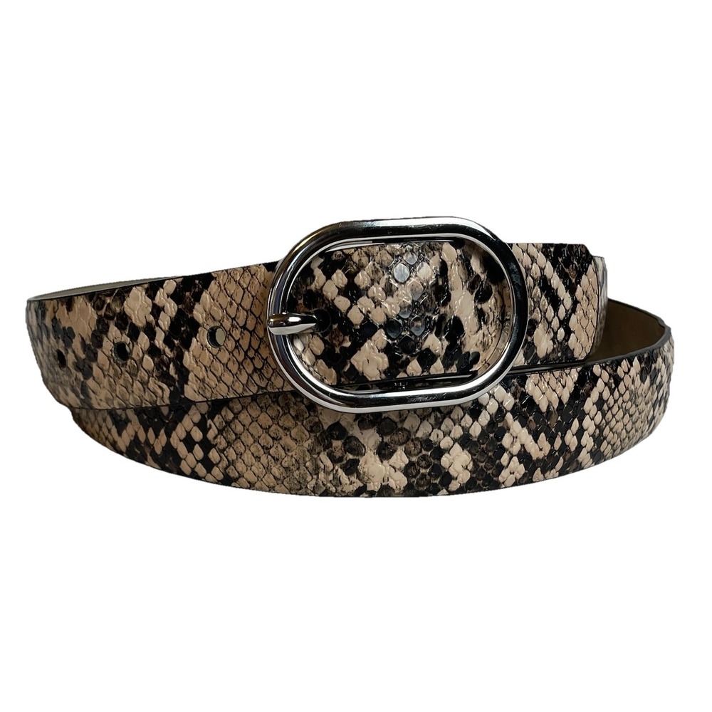 Women's Python Faux Leather Dress Belt XL/40 Brown Beige Oval Silver Buckle